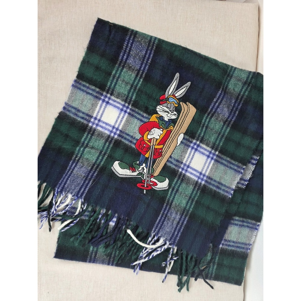 Vintage ACME Warner Bros Bugs Bunny Scarf 90s Plaid Green